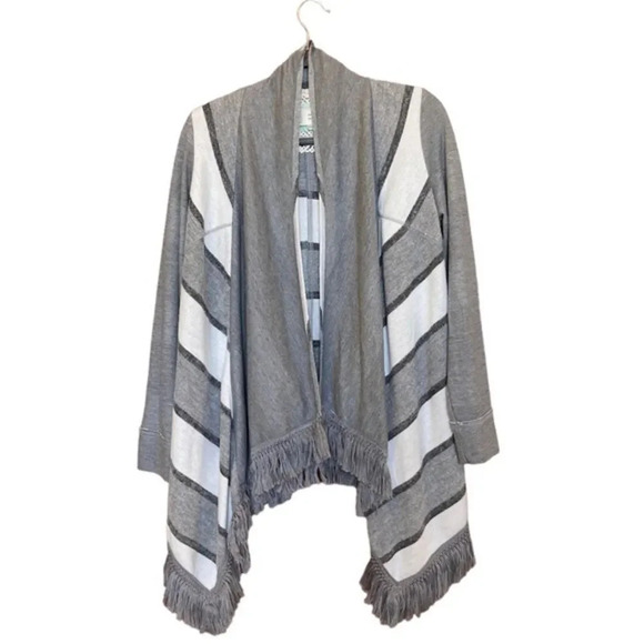 ANTHROPOLOGIE Saturday Sunday Elise Gray Striped Fringe Cardigan Sweater Small - Picture 1 of 6